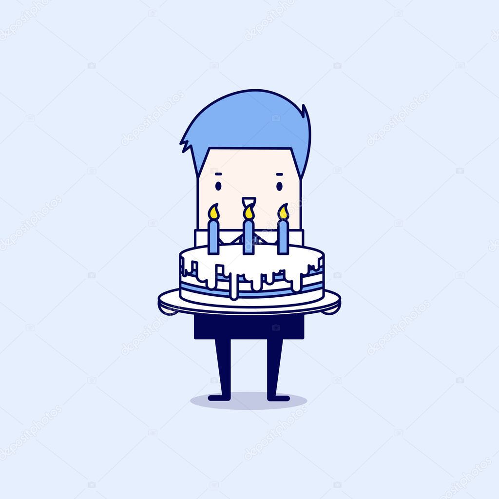 Businessman with a big cake. Cartoon character thin line style vector.