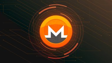 Monero Coin (XMR) şifreli para birimi temalı pankart. Modern siyah arkaplanda XMR simgesi.