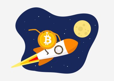 Bitcoin roketle Ay 'a uçuyor. Kripto para birimi çizgi film kavramı.