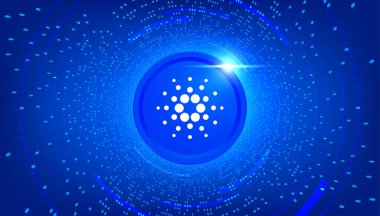 Şifreli döviz temalı Cardano parası. Modern neon renk arkaplan üzerinde Cardano veya ADA simgesi.