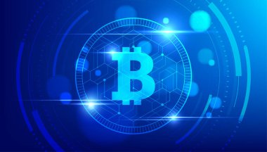 Mavi arka planda logo bitcoin dijital para birimi olan gelecekçi dijital para.