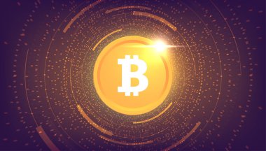 Koyu arkaplan afiş şablonu tasarımında Bitcoin. Bitcoin parası. Uluslararası borsa. Ağ bitcoin pazarlama vektörü.