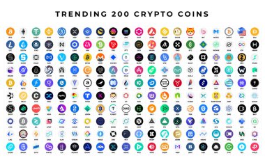 200 kripto bozuk para moda. Dijital kripto para birimi, DeFi, sembol ayarlama vektörü.
