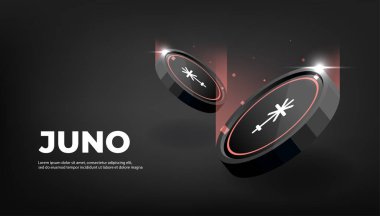 Juno kripto para birimi temalı pankart. Modern siyah arkaplanda Juno simgesi.