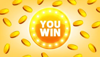 Uçan paralarla parlayan retro bayrak kazanırsın. Oyun tasarım pankartı şablonu. Kumarhane Alanı.