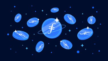 Filecoin (FIL) paraları gökten düşüyor. FIL kripto para birimi konsept afiş arkaplanı.