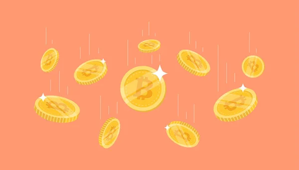 Bitcoin Érmék Repül Narancssárga Háttér Bitcoin Cryptocurrency Koncepció Banner — Stock Vector