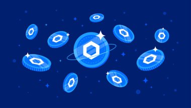 Zincir halkası (LINK) gökyüzünden para yağıyor. LINK kripto para birimi konsept afiş arkaplanı.