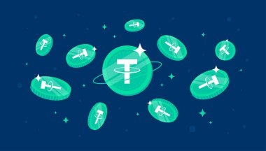 Tether (USDT) coins falling from the sky. USDT cryptocurrency concept banner background. clipart