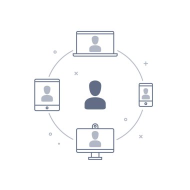 Beyaz arkaplanda video toplantı simgesi izole edildi. Çevrimiçi toplantılara katılmak için farklı aygıtlar bağla.