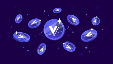 Voyager Token (VGX) paralar gökyüzünden düşüyor. VGX kripto para birimi konsept afiş arkaplanı.