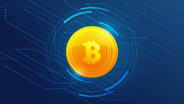 Mavi arka plan afiş şablon tasarımında Altın Bitcoin. Bitcoin parası. Uluslararası borsa. Ağ bitcoin pazarlama vektörü.