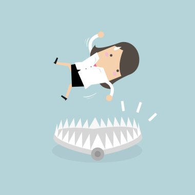 Businesswoman falling into bear trap.