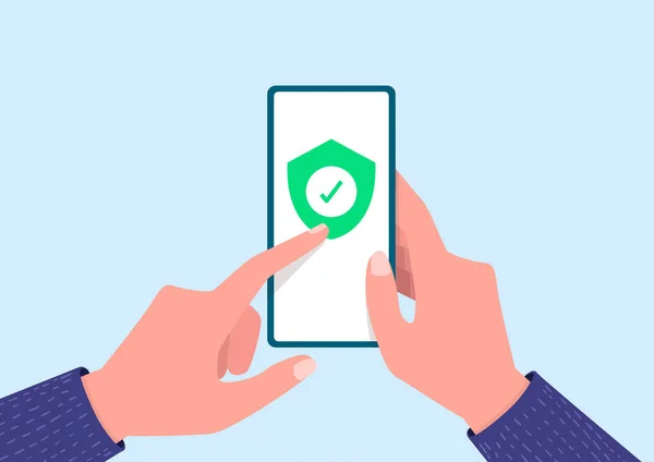 Zelený Štít Obrazovku Smartphonu Ruka Drží Smartphone Prst Dotýká Obrazovky — Stockový vektor