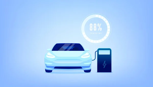 Auto Elektrisch Opladen Bij Het Laadstation Met Stroomkabel Aangesloten Blauwe — Stockvector