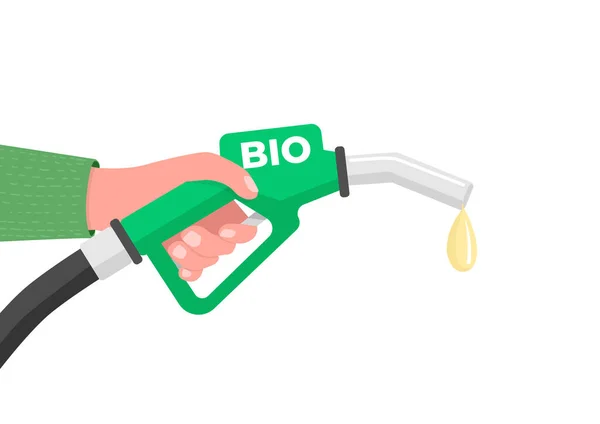 Mano Che Tiene Boccaglio Del Carburante Con Iscrizione Bio Vettore — Vettoriale Stock