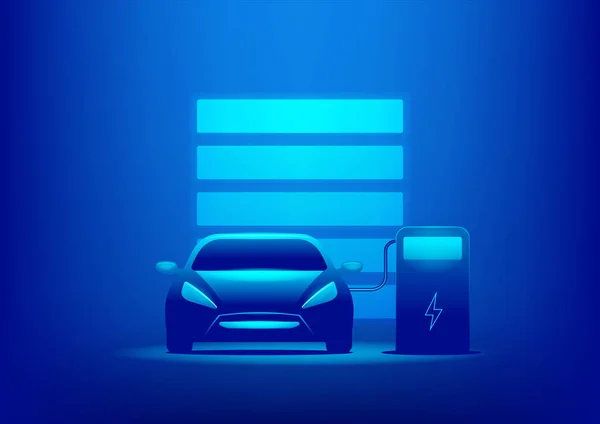 Auto Elektrisch Opladen Bij Het Laadstation Met Stroomkabel Aangesloten Blauwe — Stockvector