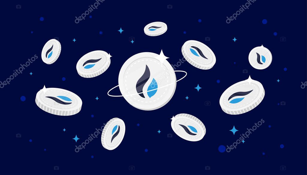 Huobi Token (HT) coins falling from the sky. HT cryptocurrency concept banner background.