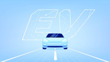 Mavi arka planda EV araba veya elektrikli araç.