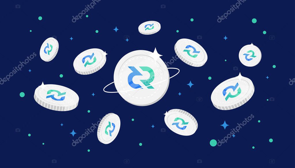Decred (DCR) coins falling from the sky. DCR cryptocurrency concept banner background.
