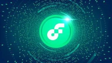 Akışkan madeni para bayrağı. Akış madeni para kripto para kavramı pankart arkaplanı.