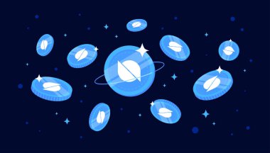 Ontology (ONT) coins falling from the sky. ONT cryptocurrency concept banner background.