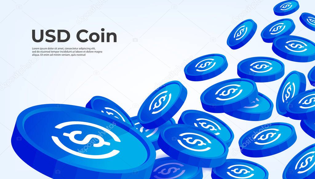 USD coin falling from the sky. USDC cryptocurrency concept banner background.