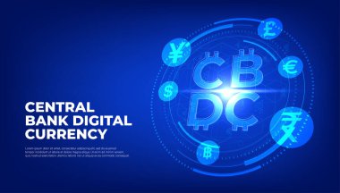 Mavi arka planda CBDC 'nin gelecekten gelen dijital parası. Merkez Bankası Dijital Para Birimi sancak vektörü.