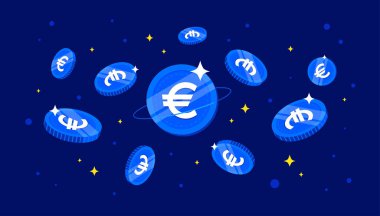 Mavi arka planda dijital Euro sikkeleri. Avrupa Merkez Bankası (ECB) konsept afiş arkaplanı.