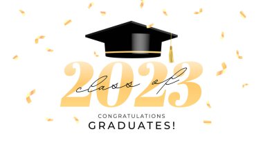 Mezuniyet töreni afişi. 2023 mezunları tipografi tasarım şablonunu kutluyor. vektör