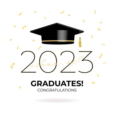 Mezuniyet töreni afişi. 2023 mezunları tipografi tasarım şablonunu kutluyor. vektör