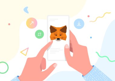 Defi, Web3 Dapps ve NFT uygulamaları için MetaMaske kripto cüzdanı olan elleri cep telefonu tutuyor.