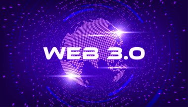 Web 3.0 text on dot world planet. New version of the website using blockchain technology, cryptocurrency, and NFT art. vector. clipart