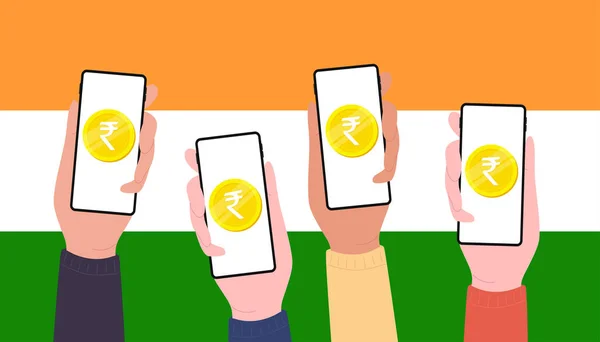 数字卢比硬币在人的移动屏幕上 Cbdc货币的未来数字货币在印度的标志背景 — 图库矢量图片