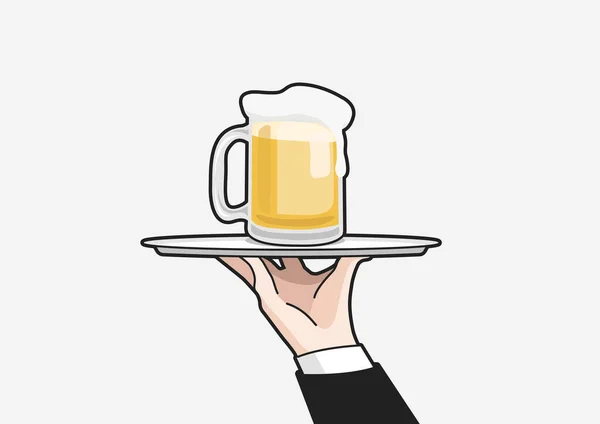 Waiter Serving Beer Waiter Hand Hold Tray Beer Glass Vector — Stock Vector