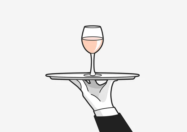 Mano Del Camarero Guante Blanco Con Una Copa Vino Una — Vector de stock