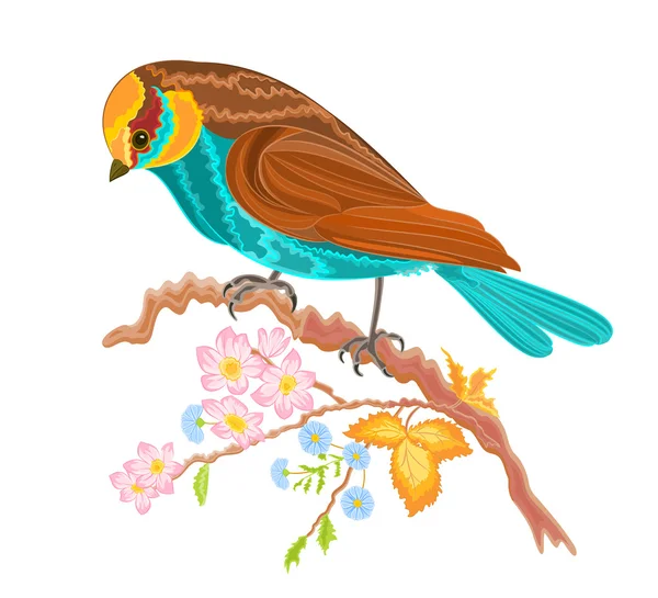 Birdie en una ramita rosehip arbustos — Vector de stock