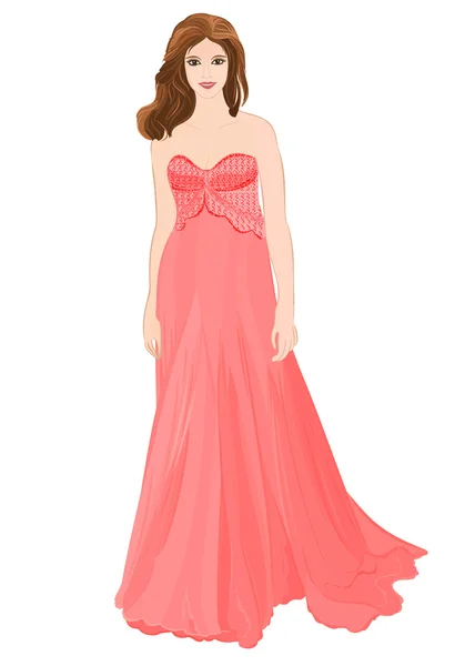 Figura niña en vestido largo rojo — Vector de stock