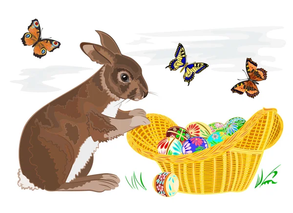 Conejito con huevos de Pascua en una cesta — Archivo Imágenes Vectoriales