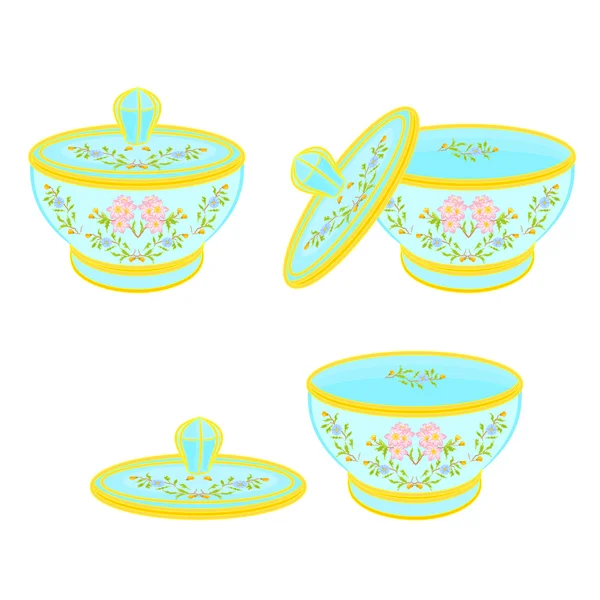 Ζάχαρη μπολ με καπάκι με λουλουδάτο μοτίβο μέρος τσάι υπηρεσία — Διανυσματικό Αρχείο