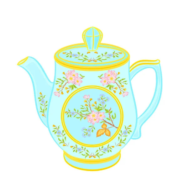 Tetera de porcelana con patrón floral parte servicio de té — Vector de stock