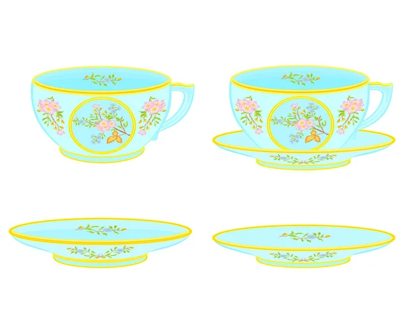 Taza de té de porcelana y platillo con servicio de té de parte de patrón floral — Vector de stock