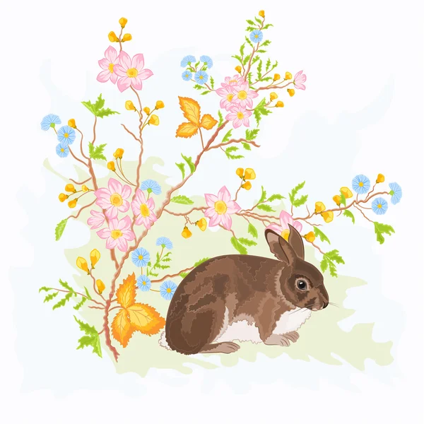 Little rabbit under rosehip bush — Stock Vector