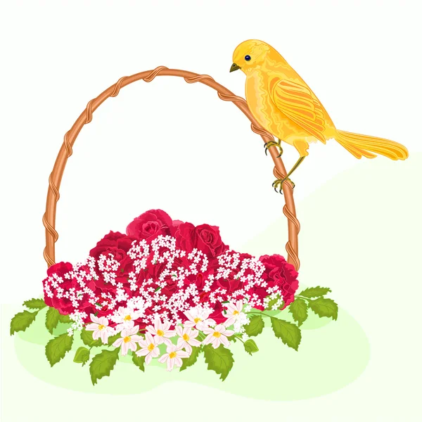 Pássaro dourado e flores — Vetor de Stock