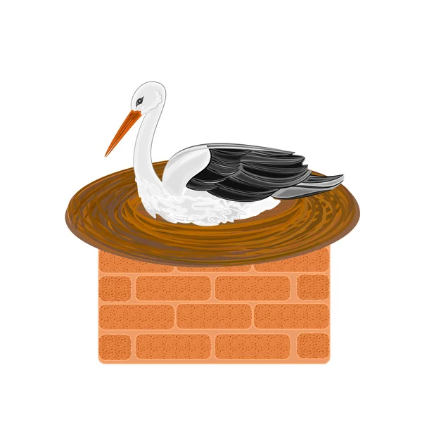 Cigüeña y nido en un vector de chimenea — Vector de stock