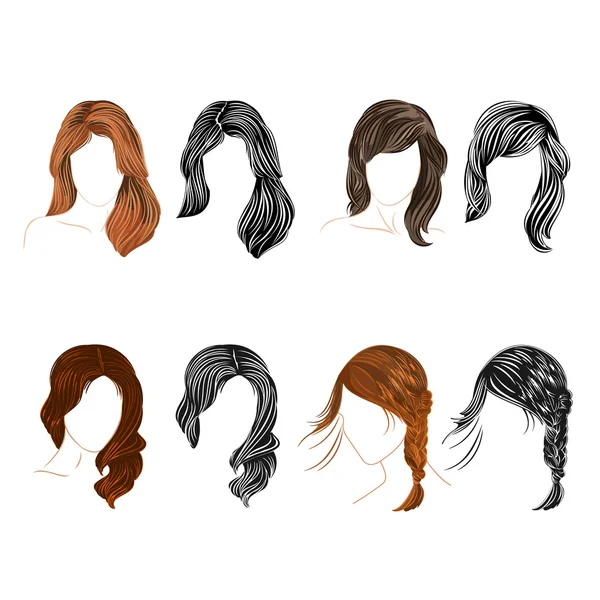 Conjunto de quatro cabelos longos natural e silhueta Vector — Vetor de Stock