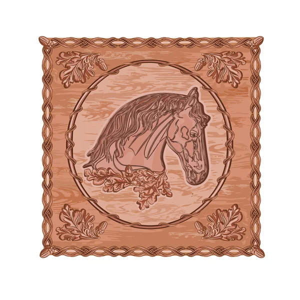 Caballo y roble tallado en madera tema de caza vector vintage — Vector de stock