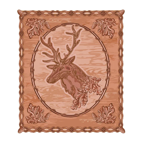 Deer and oak woodcarving hunting theme vintage vector — Stock Vector
