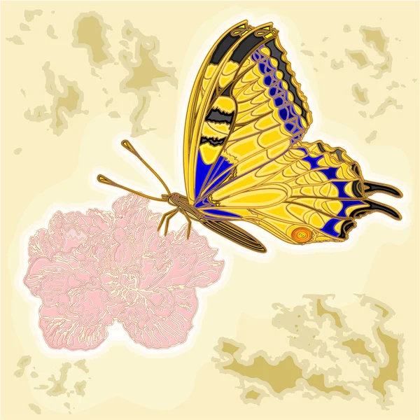 Motyl i kwiaty jako sztuka wektor Grawerowanie — Wektor stockowy