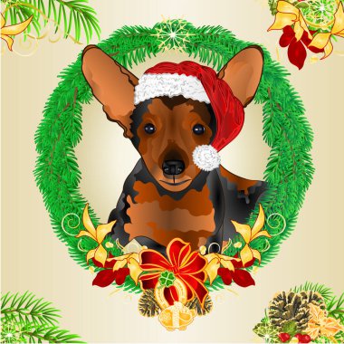 Kusursuz doku Mutlu yavru köpek Noel Baba Mutlu Noeller ve Yeni yar çelenk ladin ve Cloverleaf ve at nalı domuz ve şenlikli noktalı suluboya resim düzenlenebilir el çizimi 